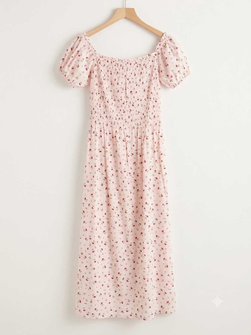 H&M Light Pink Floral Midi Dress with Puff Sleeves